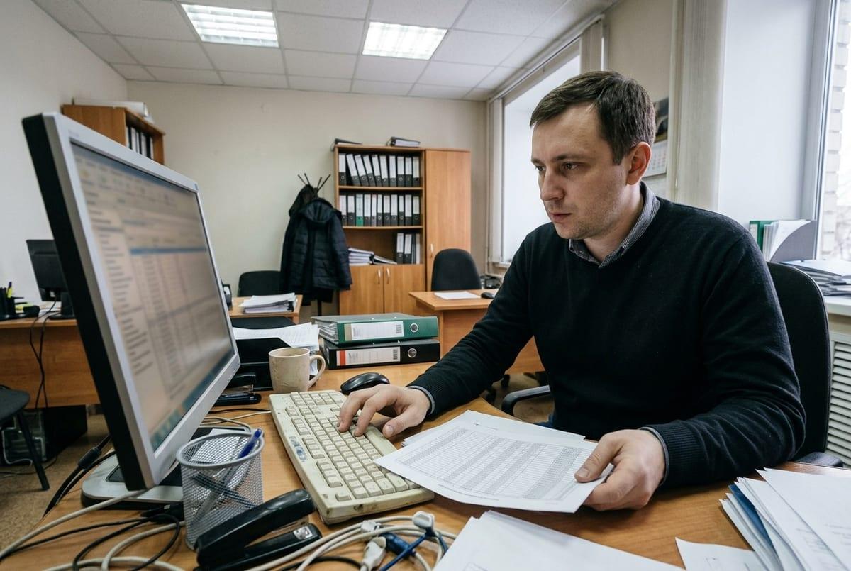 Менеджер в офисе печатает на компьютере и придерживает распечатанный список рядом с клавиатурой