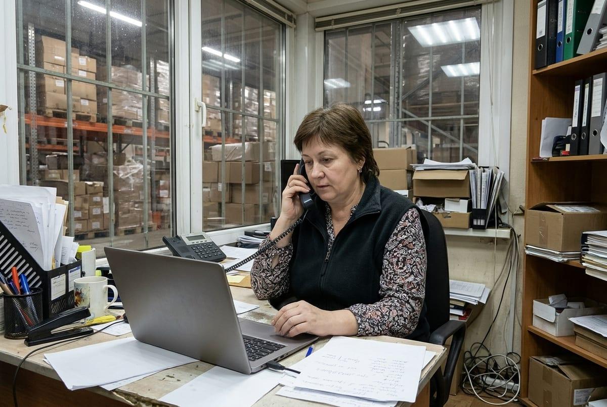 Сотрудница в офисе оптового склада говорит по телефону, за окном стеллажи с коробками