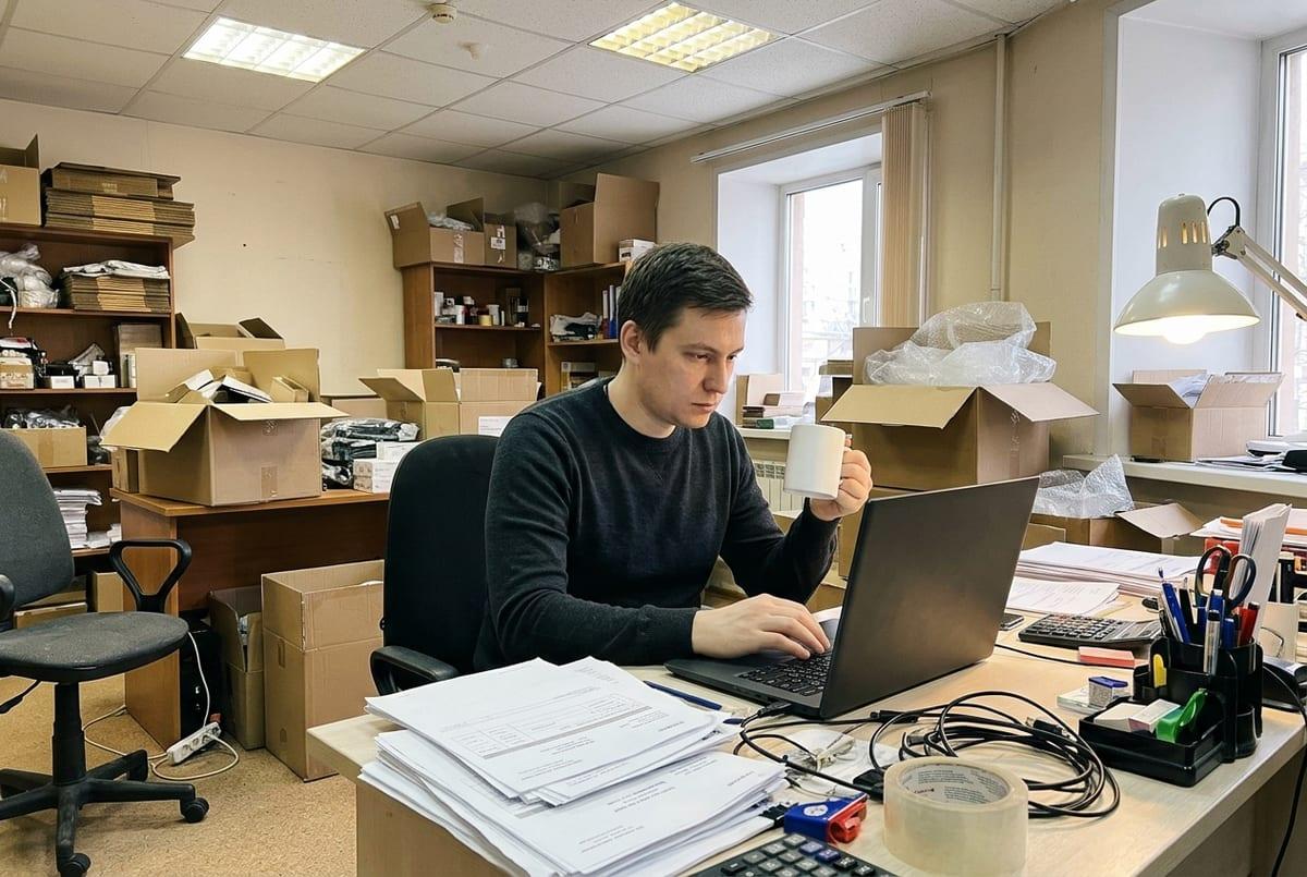 Человек с кружкой печатает на ноутбуке в офисе, заставленном коробками с товаром